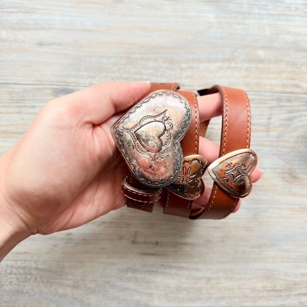 Justin Western Heart Concho Leather Belt Brown Copper Heart Buckle Size 28 USA